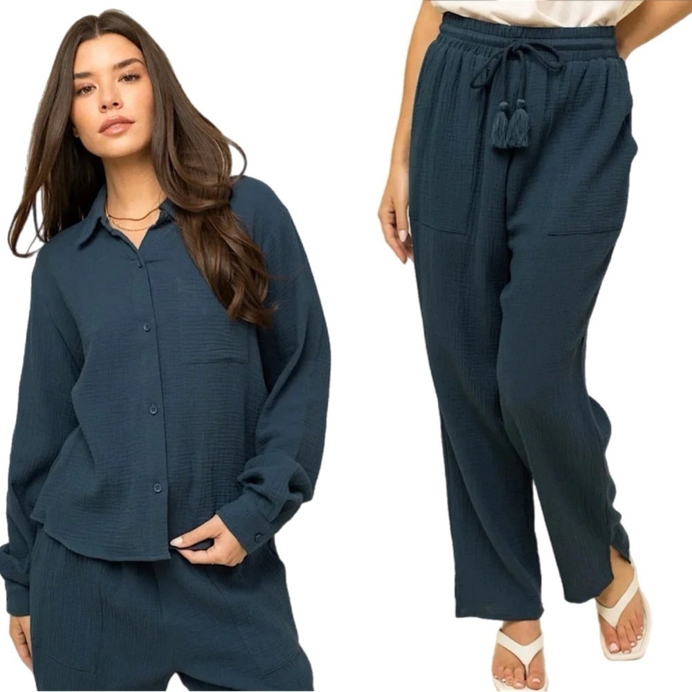 2-Piece Navy Cotton Top & Boho Pants Set